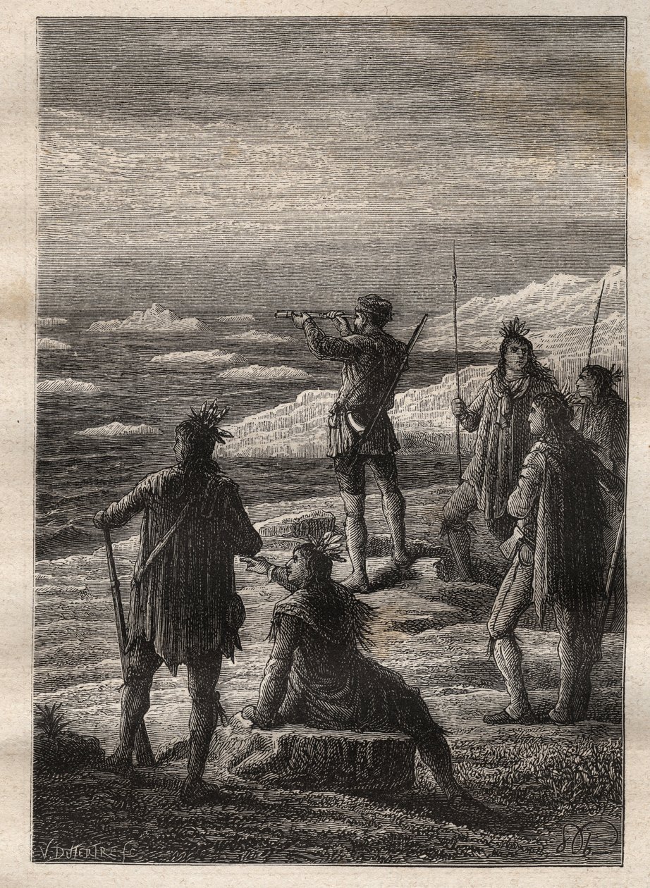 Exploration of the Great Canadian North (1769-1772) av Samuel Hearne (1745-1792): Hearne går opp i løpet av Coppermine River og ankommer munningen på Polhavet i 1771 - illustrasjon fra "The Great Mariners of the 18th århundre" av Unknown artist