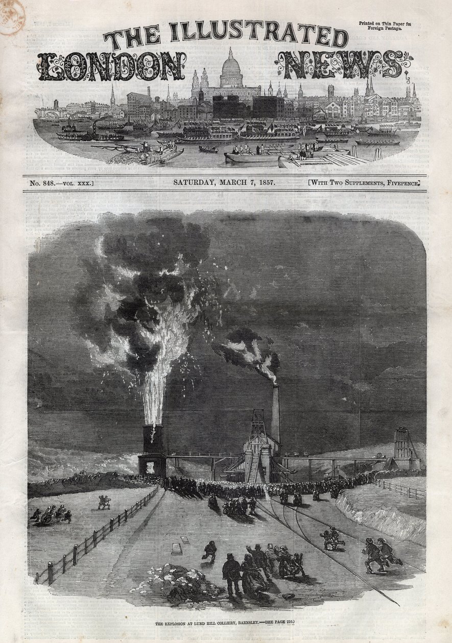 Eksplosjon ved Lund Hill-kullgruven (Lundhill) i Barnsley, England. En avis. Gravering i "" The Illustrated London News"" av 7. mars av Unknown artist