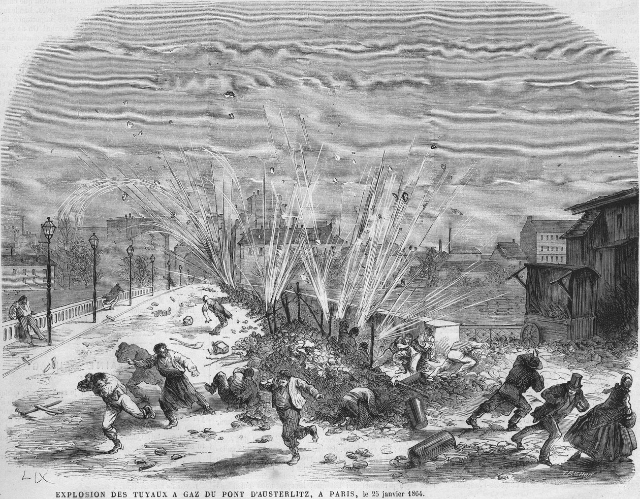 Explosion of gas pipes of the bridge of Austerlitz, Paris, January 25 av Unknown artist