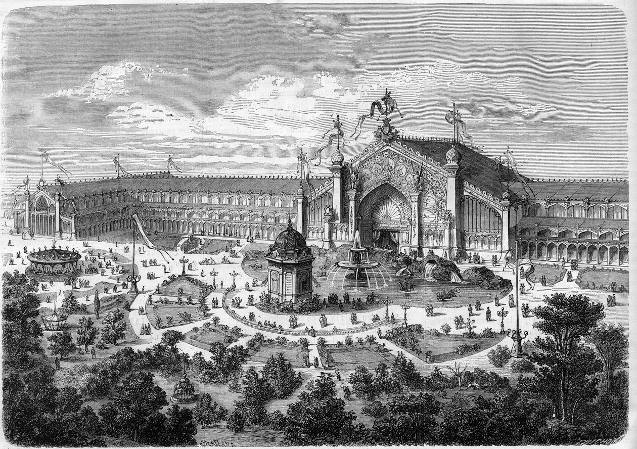 Exposition Universelle de Lyon: the galleries seen from the park. Engraving in “” L