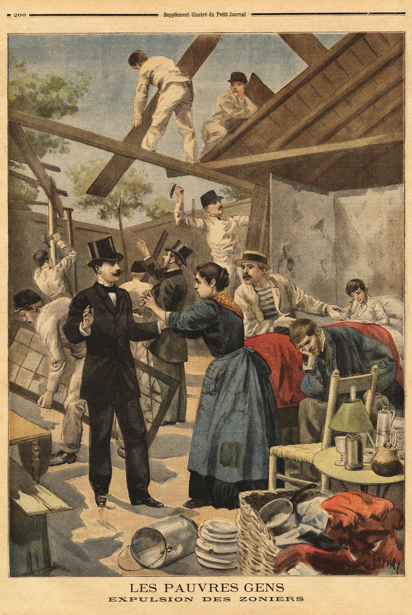Utvisning og innslag av brakkene satt opp på militærsonen ved Gentilly-porten. Illustrasjon i "" Le petit journal"" 23.06.1895. av Unknown artist