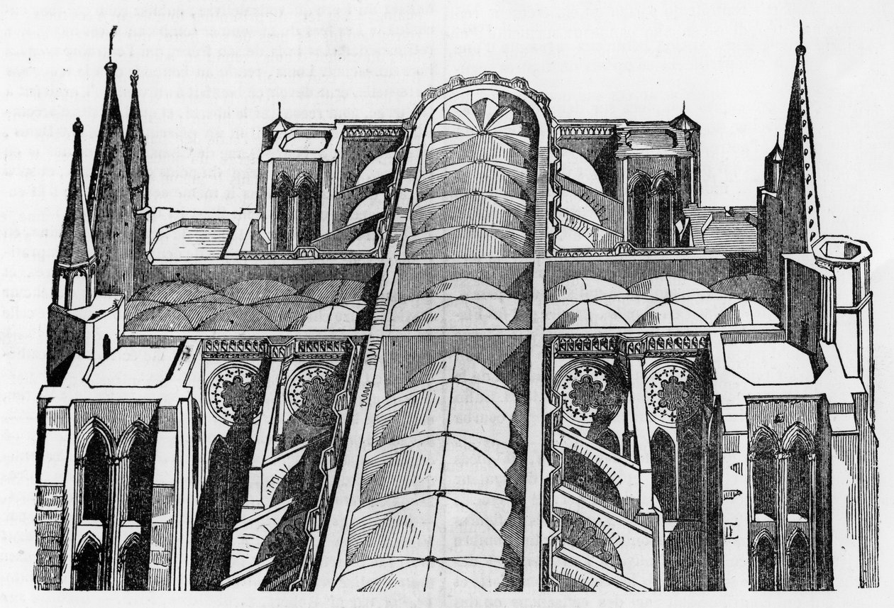 Eksteriør og øvre del av Cathedrale de Chartres (28) siden brannen 4. og 5. juni - i «Le magasin picturesque», juli 1836. av Unknown artist