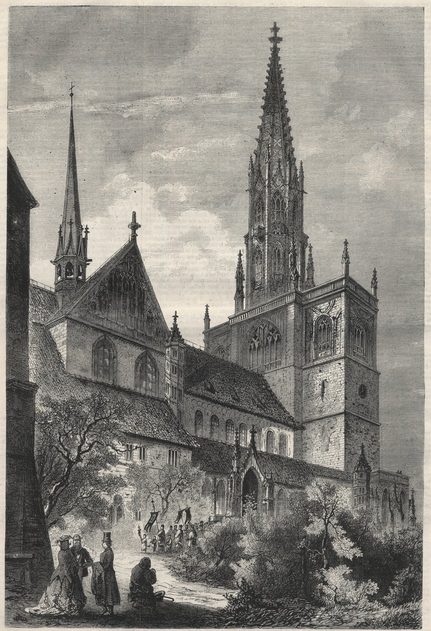 Utvendig utsikt over Notre Dame-katedralen i Constance, Tyskland. Gravering i "The Universe illustrious" av Unknown artist