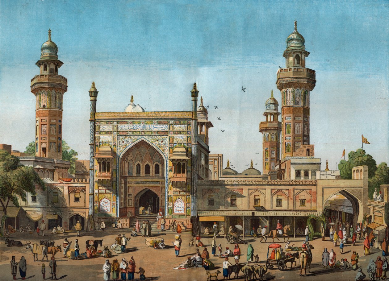 Utvendig utsikt over Wazir Khan-moskeen i Lahore, Pakistan. Gravering i "" The illustrated London News "" av 22. mai 1858. av Unknown artist