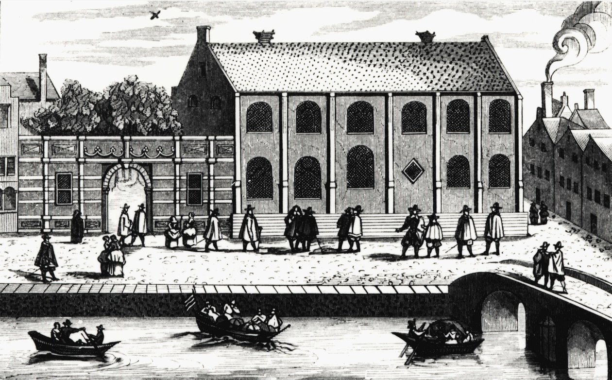 Utvendig visning av bygningen til University of Leiden grunnlagt i 1575 av Guillaume de Nassau. Gravering etter "" Illustrium Hollandiae, etc, Ordinum, Alma academia Leydensis"" av Unknown artist