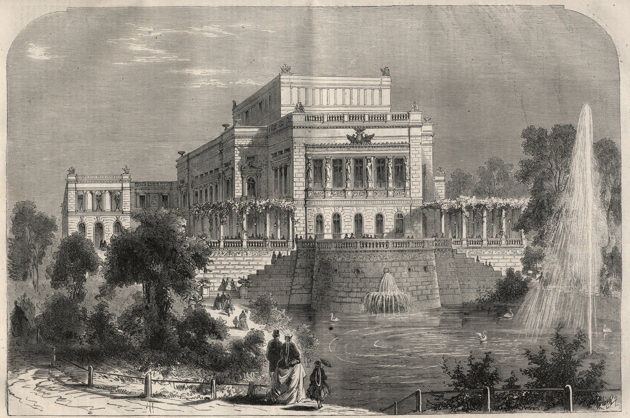 Utvendig utsikt over det nye teatret i Leipzig, Tyskland. Gravering i "" L'Univers illustrious"" av Unknown artist
