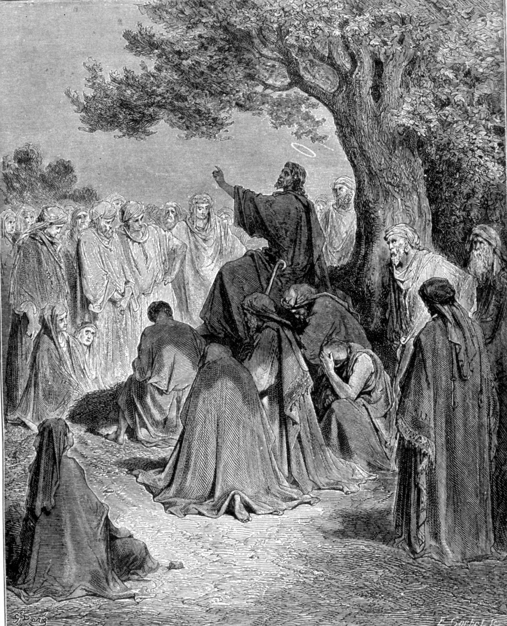 Utdrag fra Matteusevangeliet. Jesus Kristus forkynner for mengden av sine disipler. Gravering av 1800-tallet. av Unknown artist