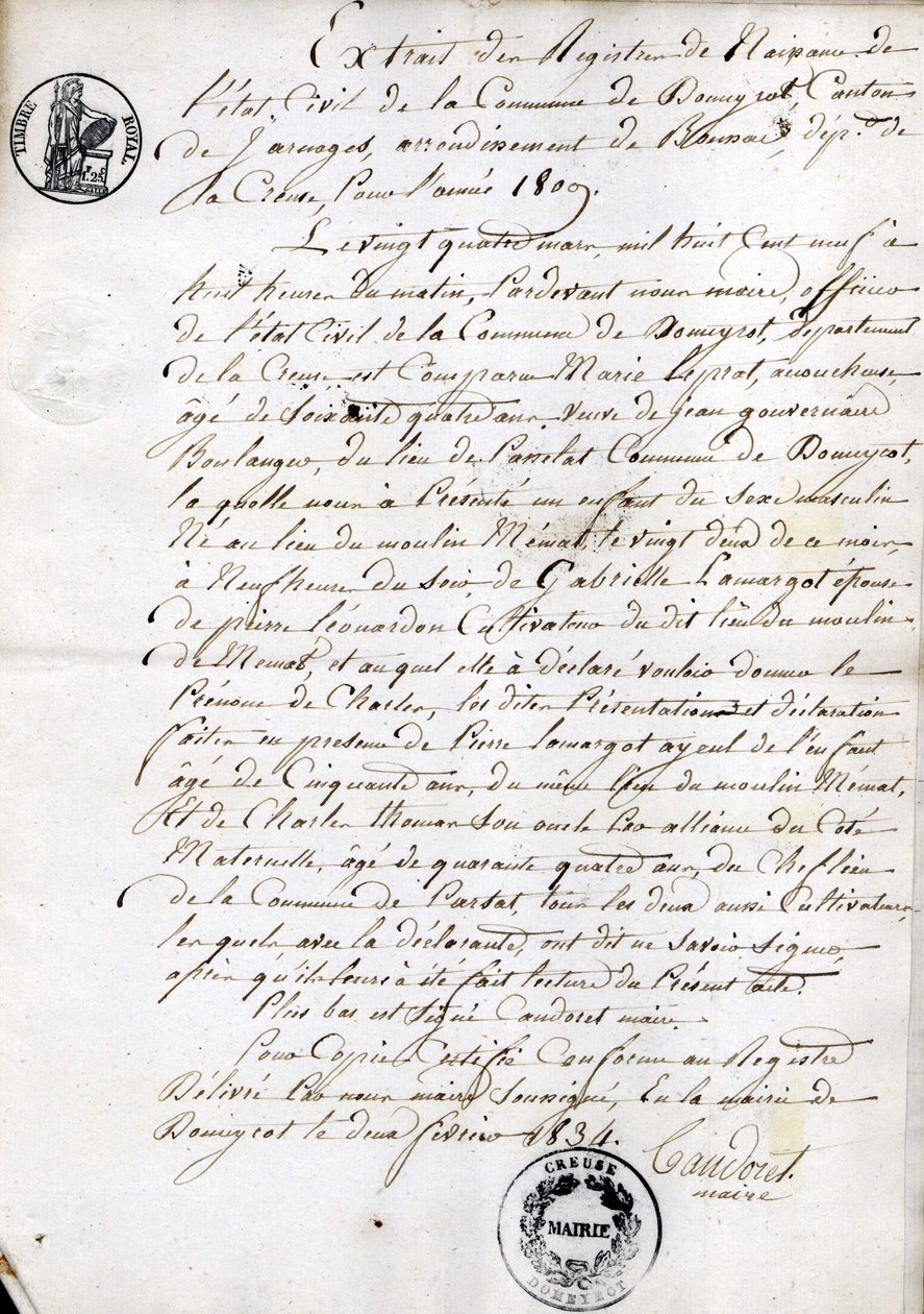 Extract from the register of birth of the State-Civil of the municipality of Dommyrot, certified copy of February 2 av Unknown artist