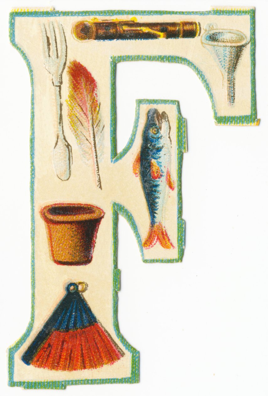 F: gaffel, fløyte, trakt, blomsterpotte, fjær, fisk, vifte (farge litho) av Unknown artist