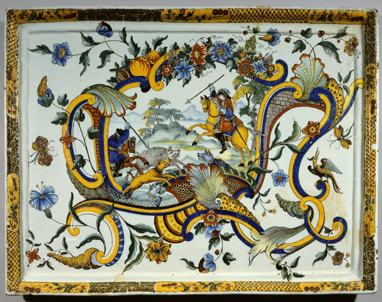 Fajansefat som representerer en villsvinjaktscene - 1600-tallet - Paris, Musee Du Louvre av Unknown artist