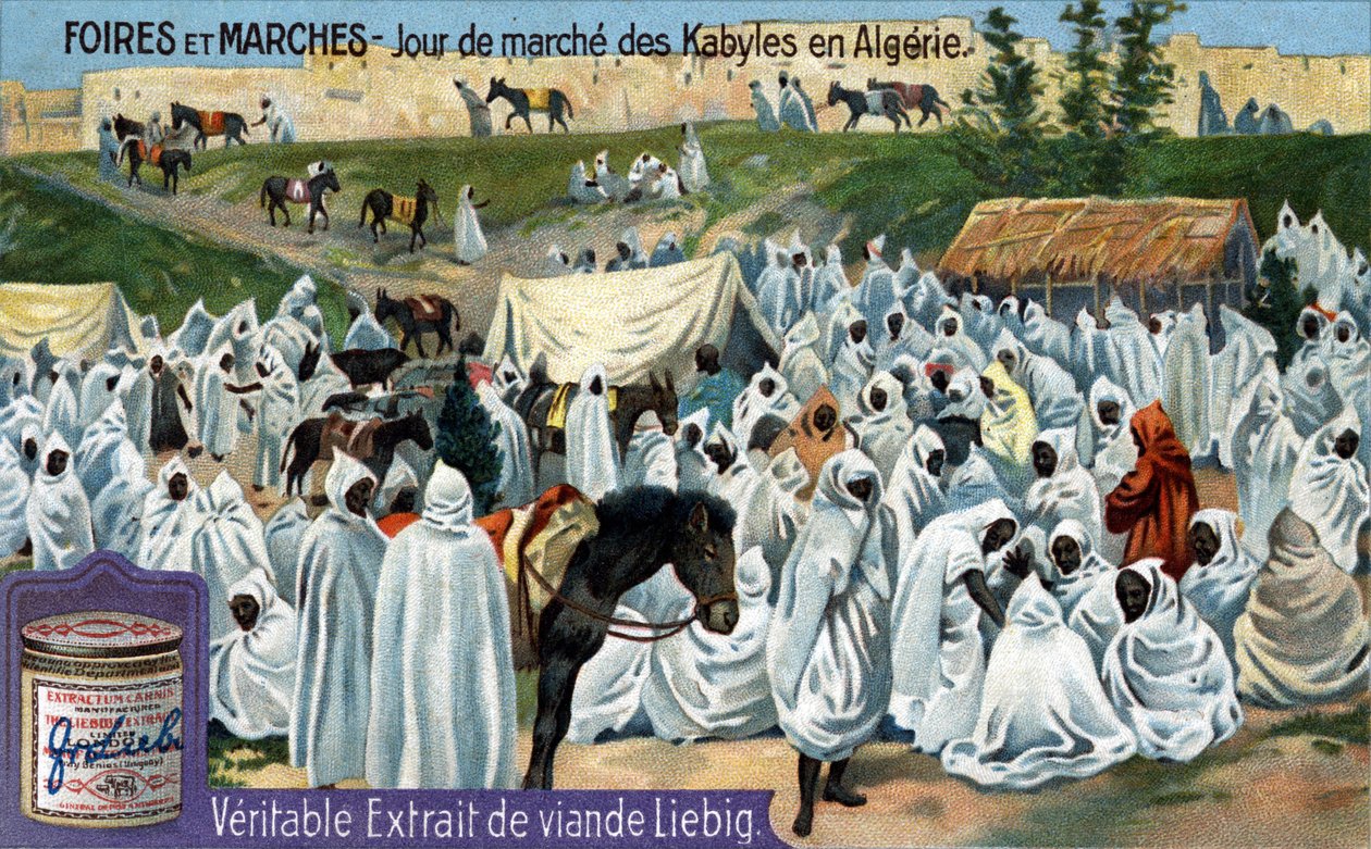 Messer og markeder: Kabyl markedsdag i Algerie. Kromolitografi, Liebig-bilde. av Unknown artist