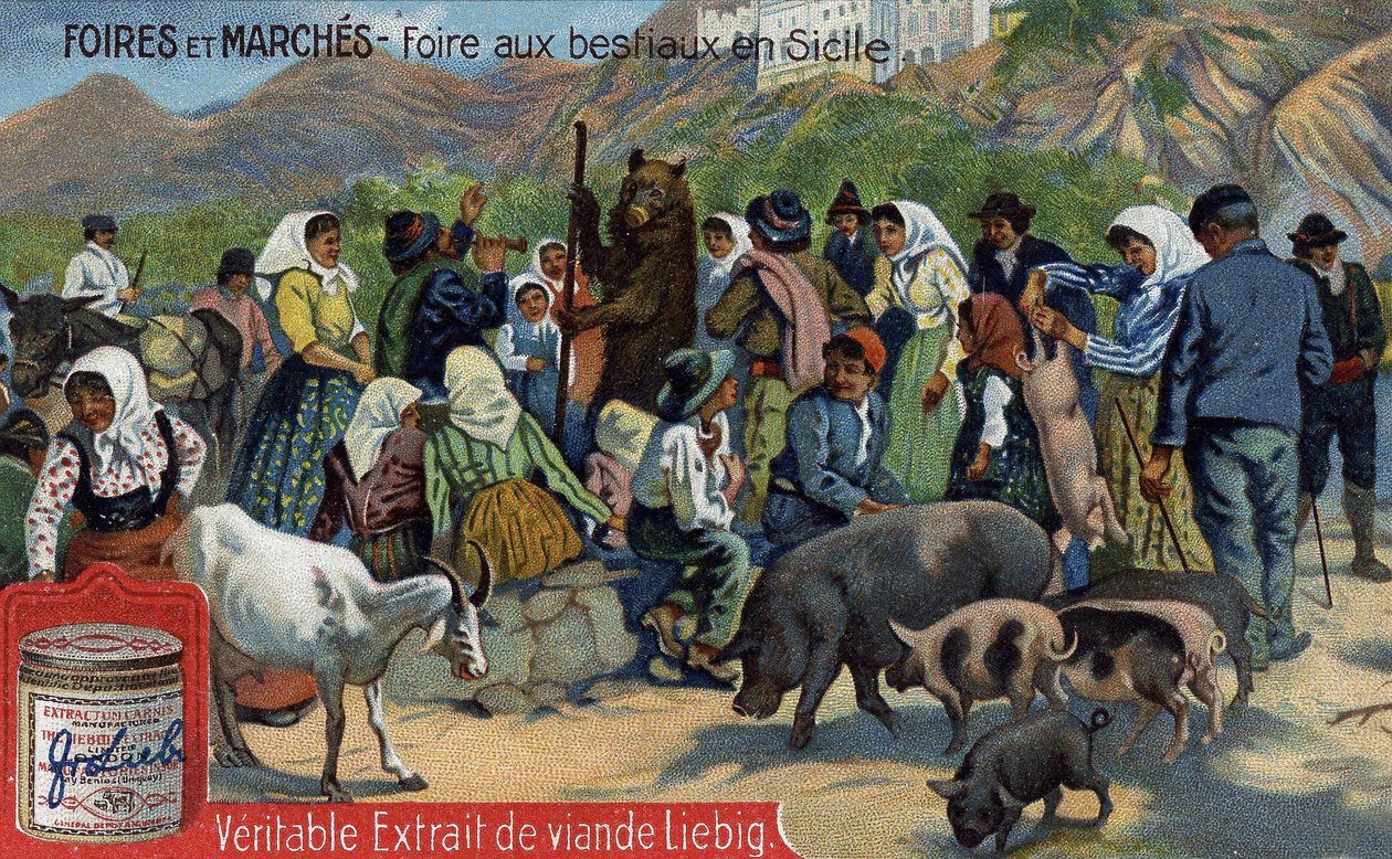 Fairs and markets: cattle fair in Sicily. Chromolithography, Liebig image. av Unknown artist