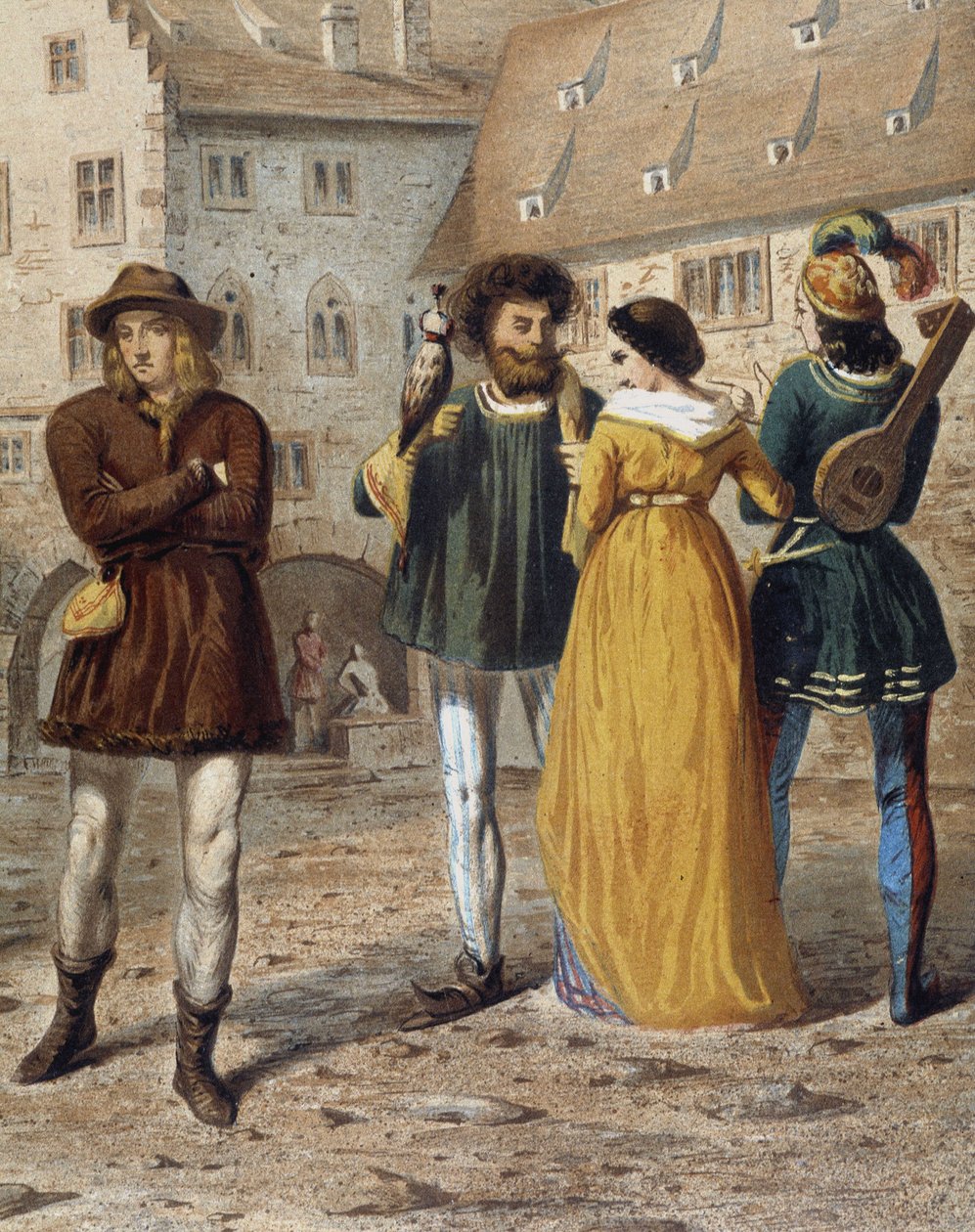 Falkonerer, dame og trubadur: gatebilde i Strasbourg i middelalderen. av Unknown artist