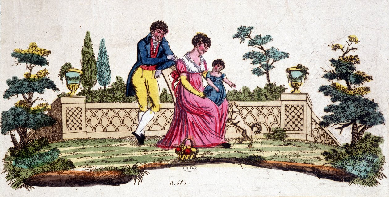 Familie i en park. Gravering tidlig på 1800-tallet. av Unknown artist