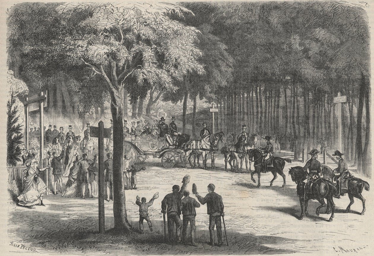 Familieopphold i Fontainebleau: utflukt av deres majeser til ruinene av Franchart. Et bryllup hilser passasjen til keiser Napoleon III (1808-1873) og hans familie. Gravering i "The Universe illustrious" av Unknown artist