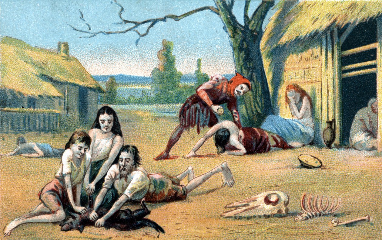 Hungersnød i middelalderen. 1800-talls kromolitografi av Unknown artist