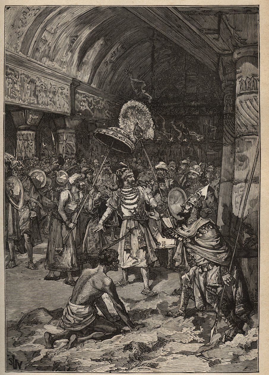 Kjente diamanter: Lahores maharajah, Ranjit Singh (1780-1839), overtar Koh-i Nor-diamanten (Koh i Nor, Kuh-e Nur, Kuh e Nur, Koh-i-noor, Koh i Noor). Gravering fra 1885 i "" Les arts et metiers illustres"" av Adolphe BITARD. av Unknown artist