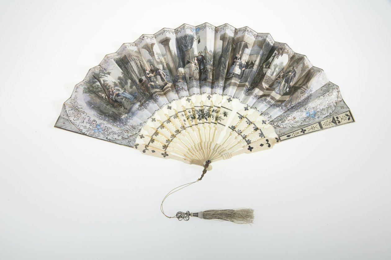 Vifte, ca. 1850, malt papir, ben, sølv og dusk med silke- og metalltråd, ukjent produsent av Unknown artist