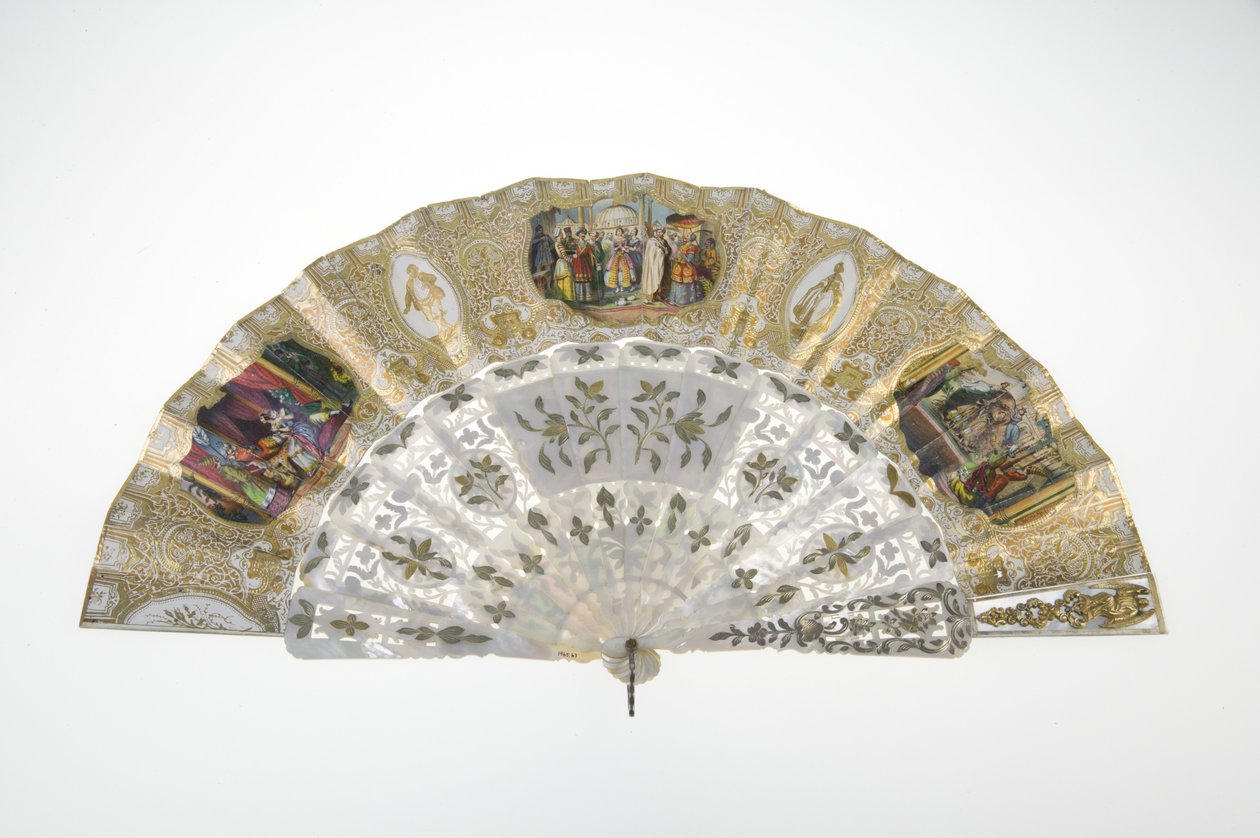 Vifte, ca. 1860, Trykket og malt papir, perlemor, gull, sølv og kobbermetaller, og speil, Maker ukjent av Unknown artist