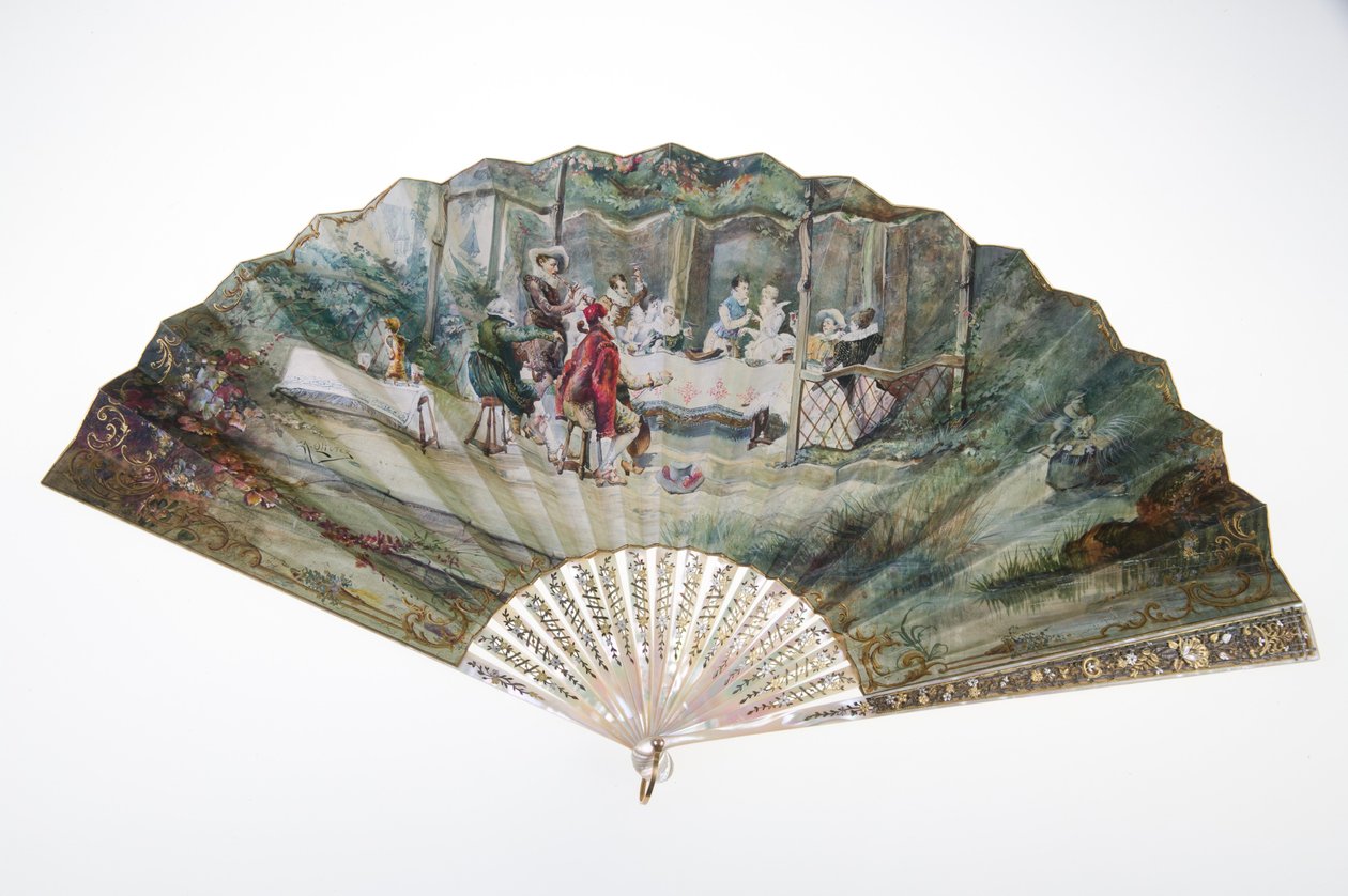 Vifte, ca. 1870, Trykt og malt papir, perlemor, gull, sølv og kobbermetaller, og speil, Maker ukjent av Unknown artist