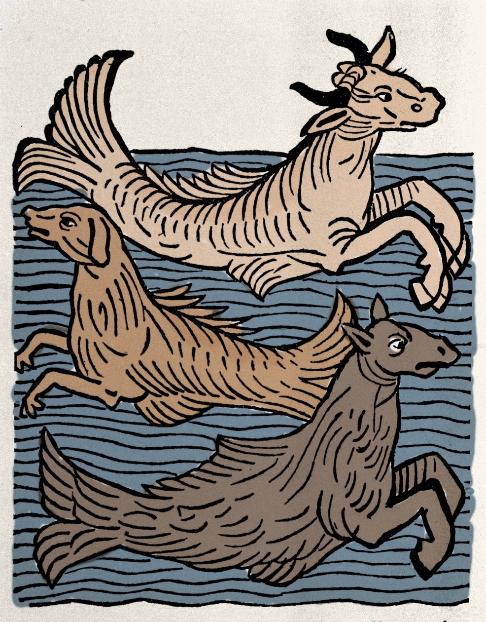 Fantastiske skapninger: representasjon av en ku, hund og sjøhest. Gravering fra "Hortus sanitatis"" av Unknown artist
