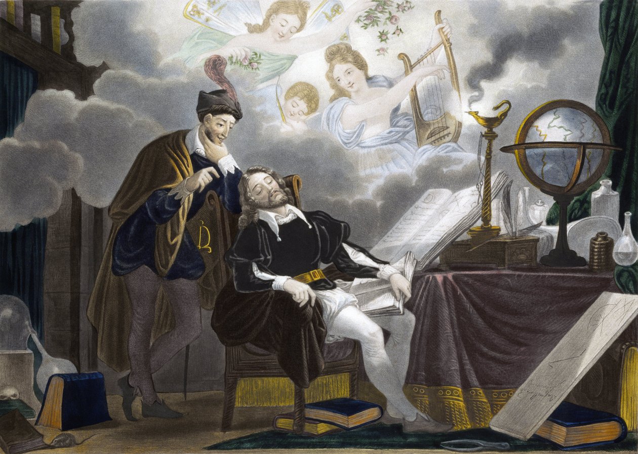 Faust og Mephistopheles - Faust est tente av Mephistopheles - gravering av Unknown artist