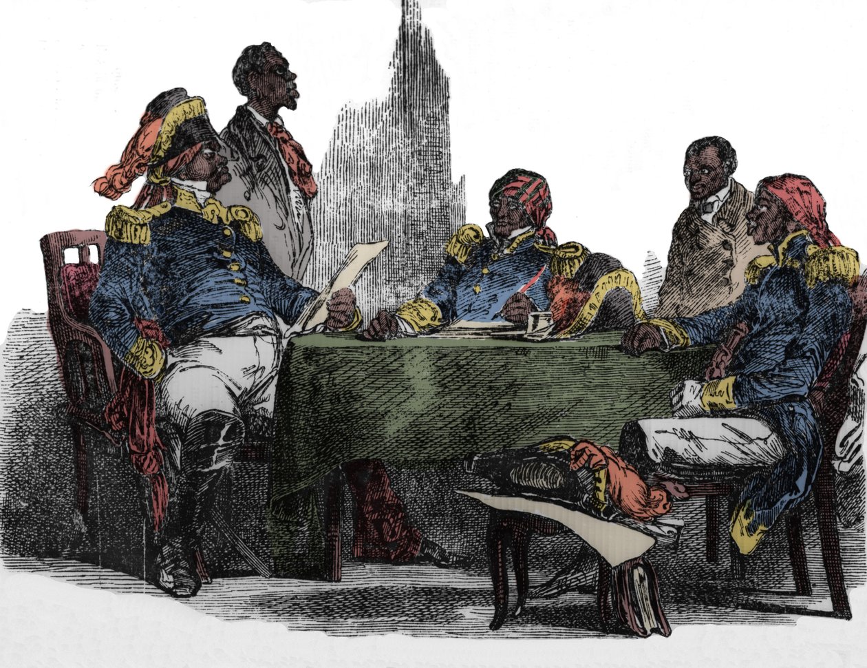 Faustin Soulouque (1782-1867) dit Faustin I, keiser av Haiti fra 1847 til 1859, representert på et møte Gravering fra "Emporio picturesco" 1850 av Unknown artist