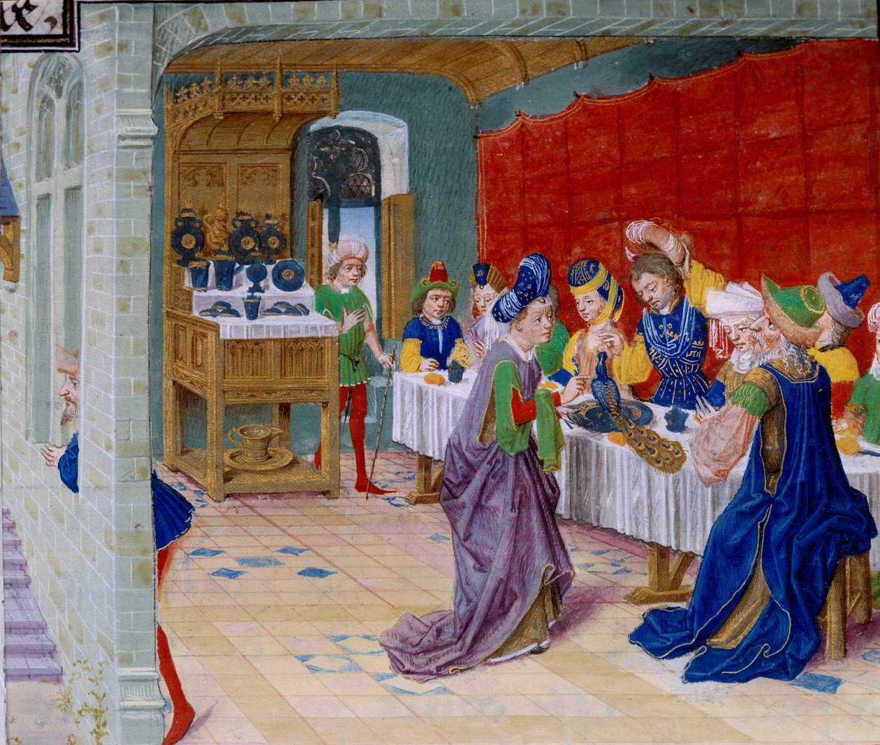 Festmåltid scene, en påfugl serveres på bordet. Miniatyr hentet fra "La Vraye Histoire du Bon Roy Alixandre"" av Callisthenes, eller Kallisthenes (ca. 360-328 f.Kr.) av Unknown artist
