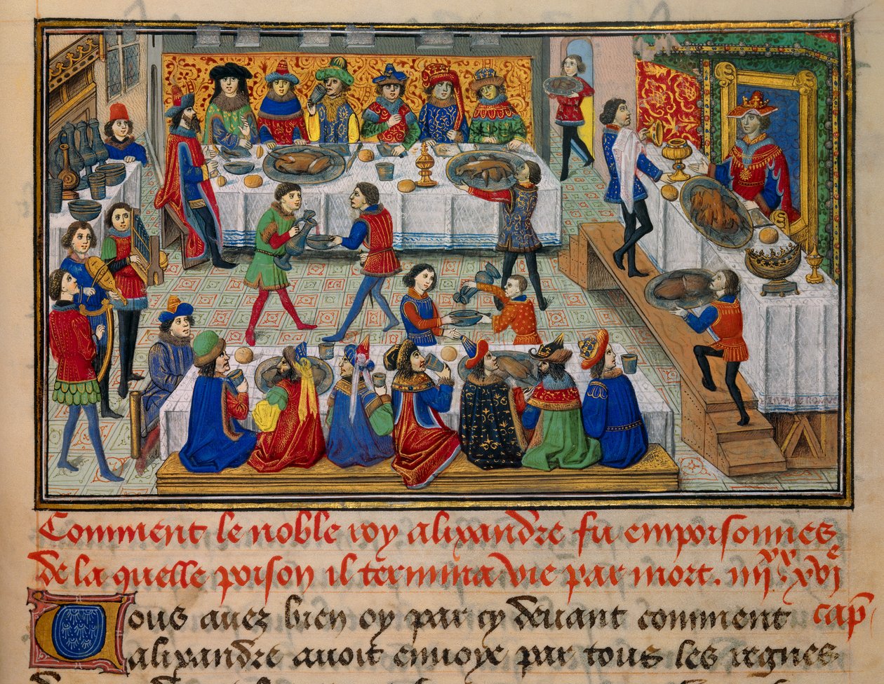 Festmåltidsscene, servert for kong Alexander og hans hoffmenn i de siste dagene av hans liv. Miniatyr hentet fra "La Vraye Histoire du Bon Roy Alixandre"" av Callisthenes, eller Kallisthenes (ca. 360-328 f.Kr.) av Unknown artist
