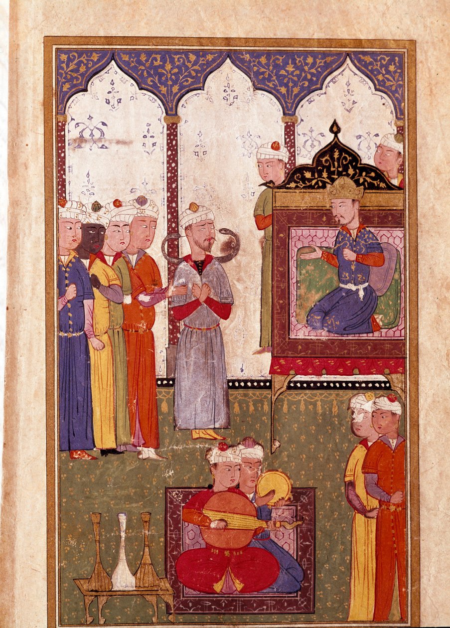 Fest arrangert av sultanen med slangetemmer og miniatyrmusikere fra et manuskript fra 1500-tallet. Venezia, Biblioteca Marciana av Unknown artist