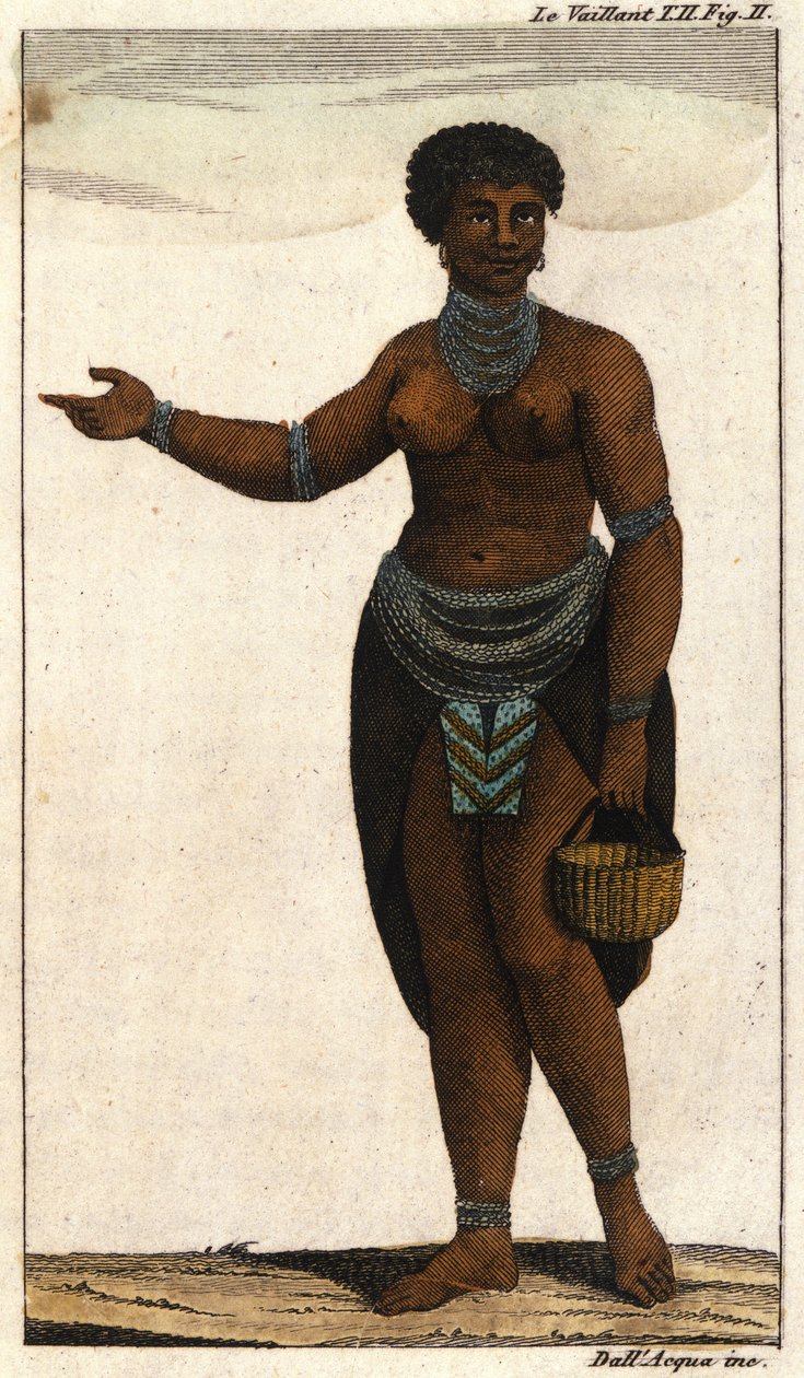 Kvinnelig medlem av den sørafrikanske stammen Hottentots, gravering av 1820. av Unknown artist