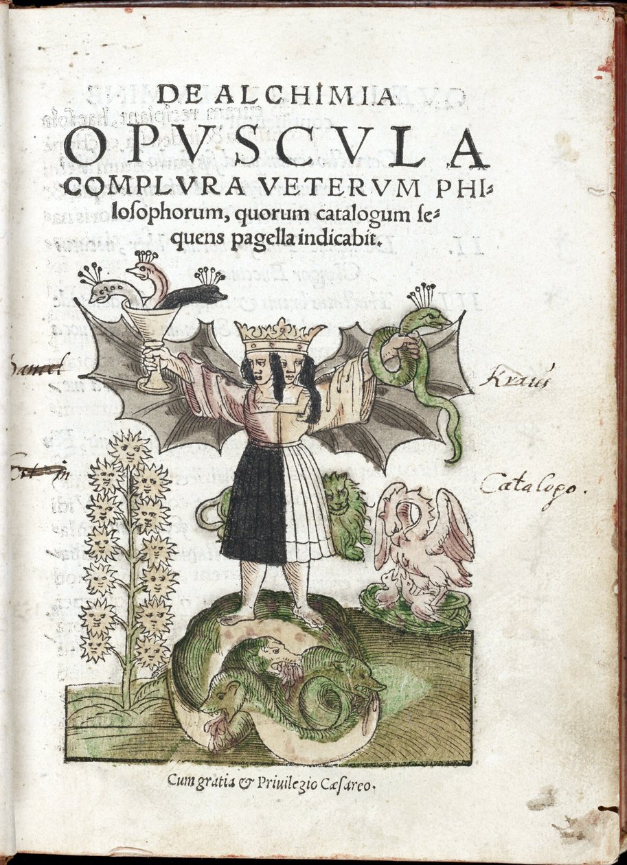 Kronet kvinne, med dobbelt ansikt, stående på et monstrøst dyr, som svinger en kopp og en slange - Frontispice av samlingen De Alchimia opvscvla complvra vetervm philosophorum (Alkymiens arbeid ifølge de gamle filosofene) av Cyriacus Jacob (akt av Unknown artist