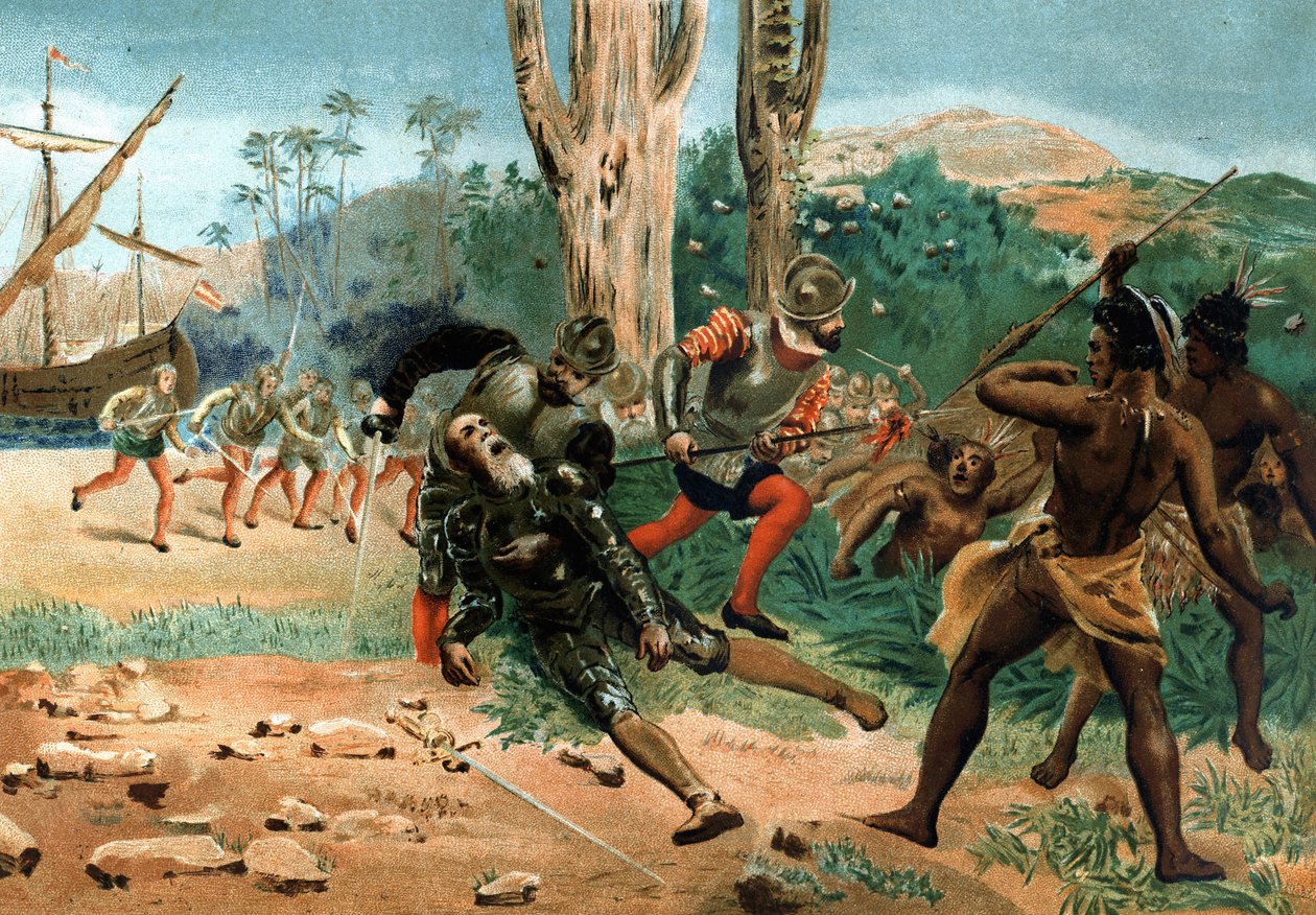 Fernand de Magellan died (circa 1480-1521), Portuguese navigator, killed on the island of Mactan (Philippines) on 27 April 1521. after hombres y Mujeres celebres. Barcelona 1877. av Unknown artist