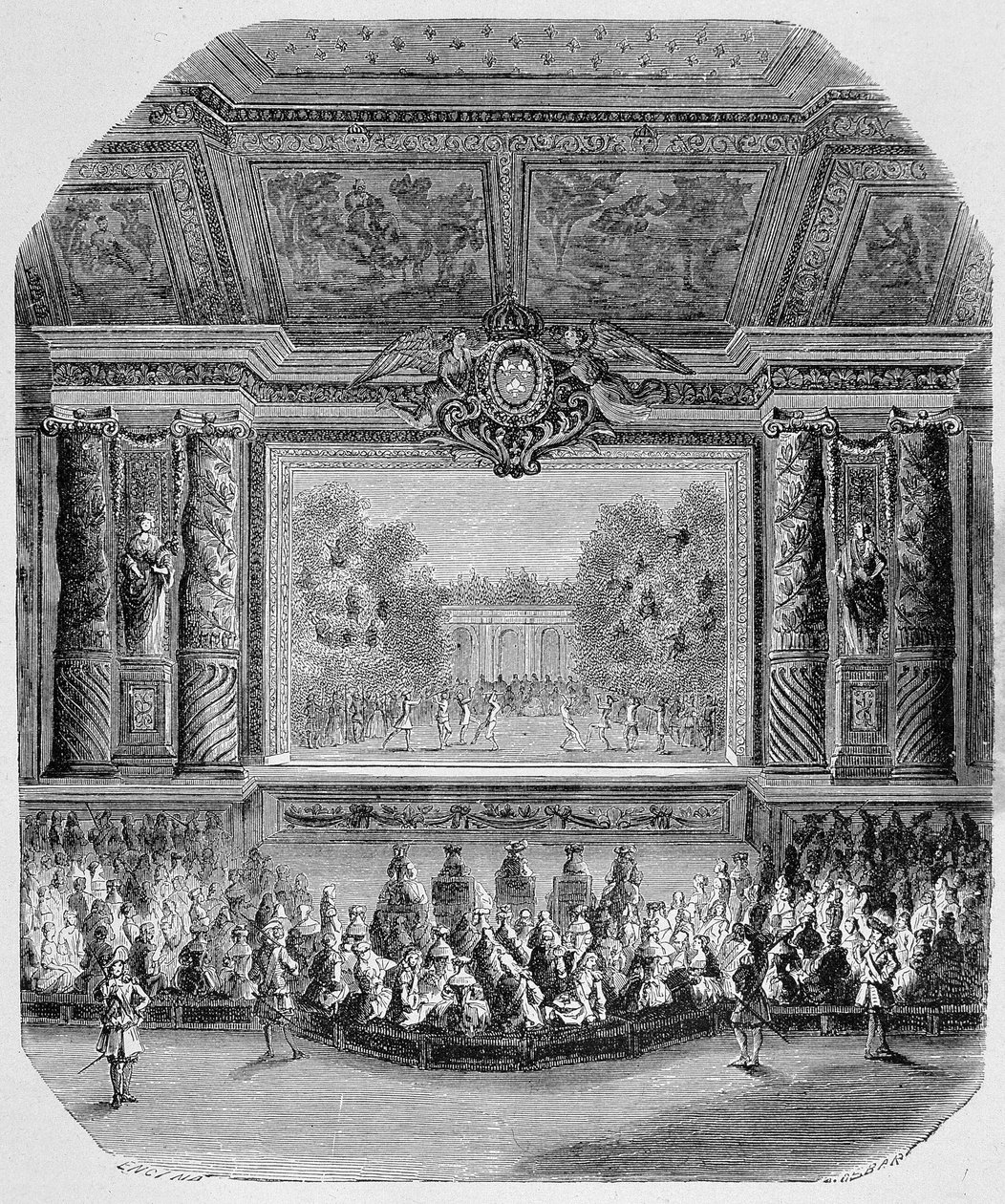 Fete of Louis XIV, av hertugen av Saint Aignan (Komedie i musikk, spilt i parken i Versailles) Gravering av Unknown artist