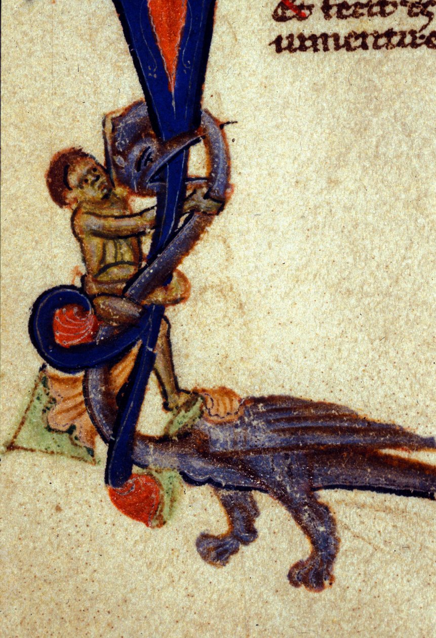 Kamp mellom en drage og en mann Detalj av en miniatyr fra 1300-tallet av Unknown artist