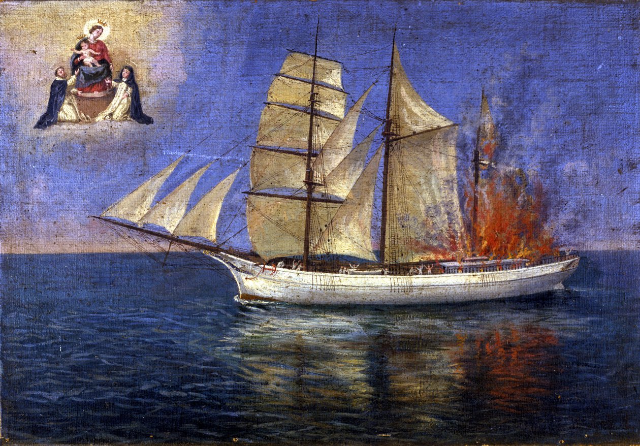 Brann ombord på en skole. av Unknown artist