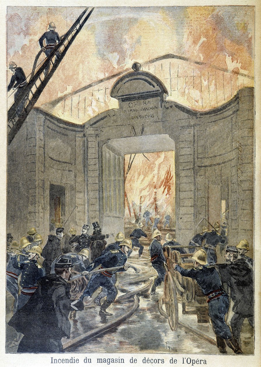 Brannvesenets inngrep under brannen i operaens dekorbutikk. illustrasjon av "Petity Journal" i 1894. av Unknown artist