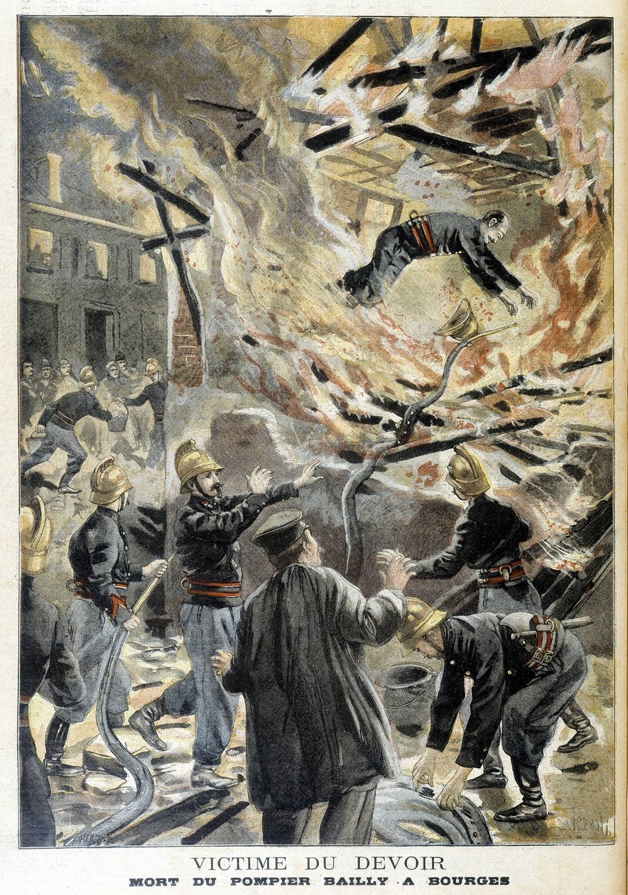 Brannmann Bailly døde i Bourges i en brann under en intervensjon. Illustrasjon av "Little Journal" fra 1898. av Unknown artist