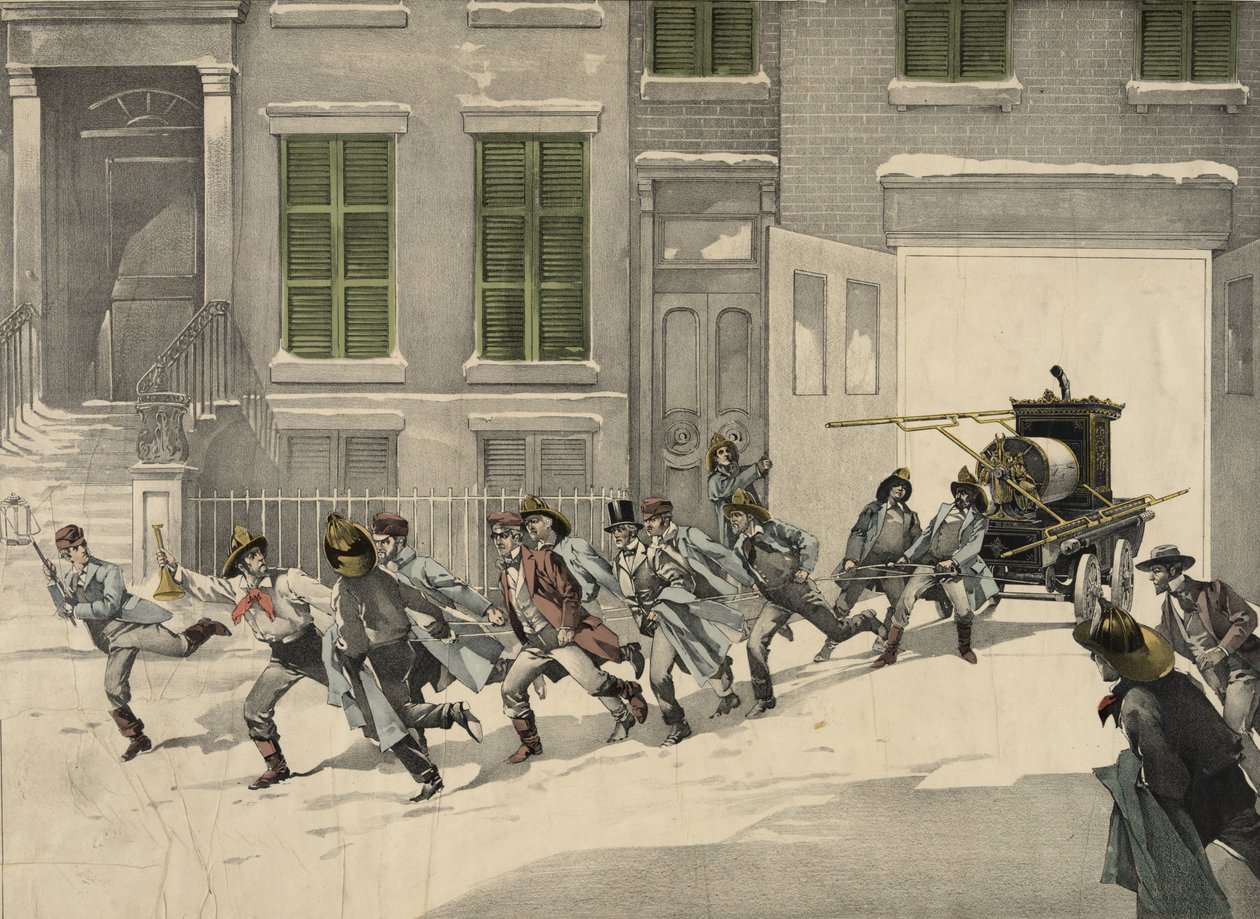 Brannmenn avgir nødanrop på brannstedet, akvarell av 1895. USA av Unknown artist