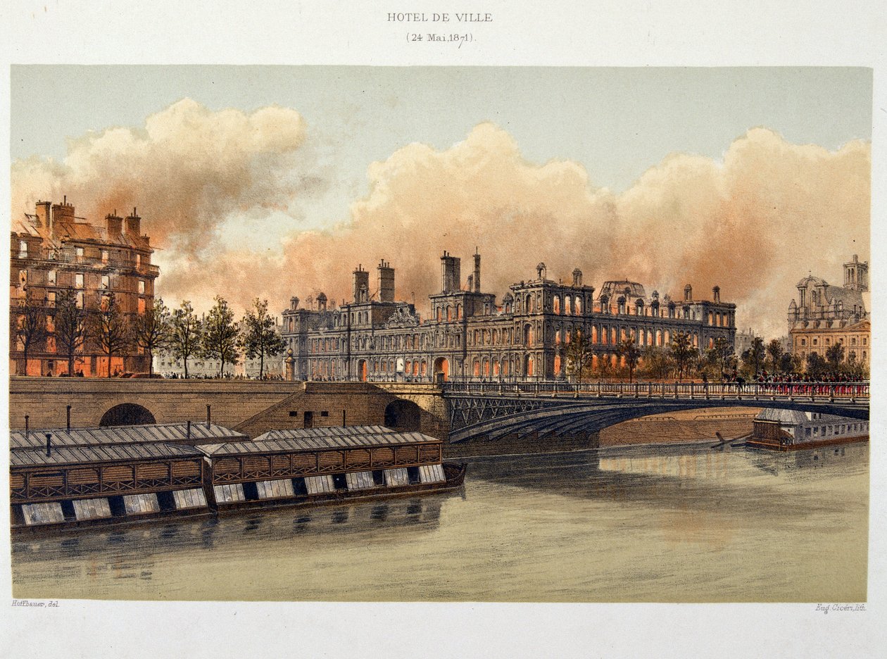 Brann på Hotel de Ville de Paris 24. mai 1871 - litografi av Unknown artist