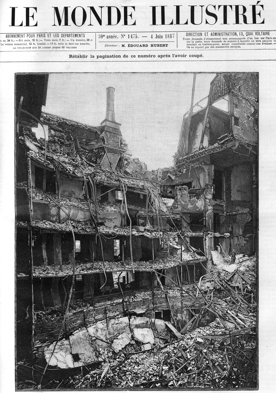 Fire of the Opera Comique (Opera-Comique) i Paris 25. mai 1887 under fremføringen av Ambroise Thomas sin første akt av "Mignon". De indre ruinene. Hytter og gallerier sett fra frontscenen, sidehage. Gravering i "" Le monde illustrious"" av Unknown artist