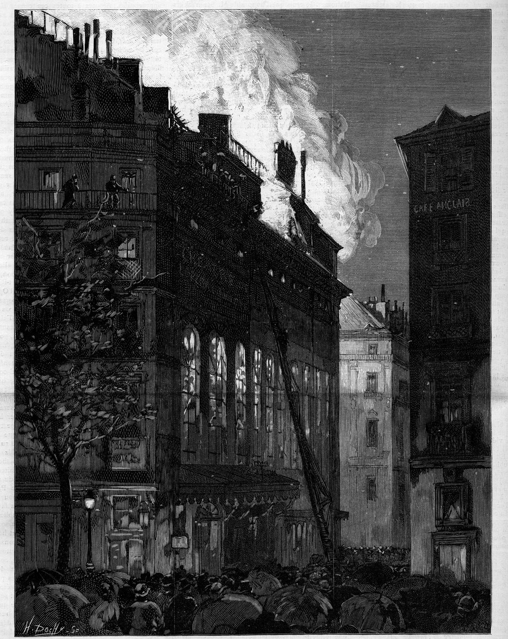 Fire of the Opera Comique (Opera-Comique) i Paris sett fra Rue Marivaux og Boulevard des Italians 26. mai 1887. Gravering i "" Le monde illustrious"" av Unknown artist
