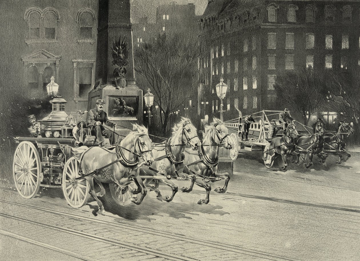 Brannbil rykker forbi hester som ankommer brannstedet. USA. 1895 av Unknown artist