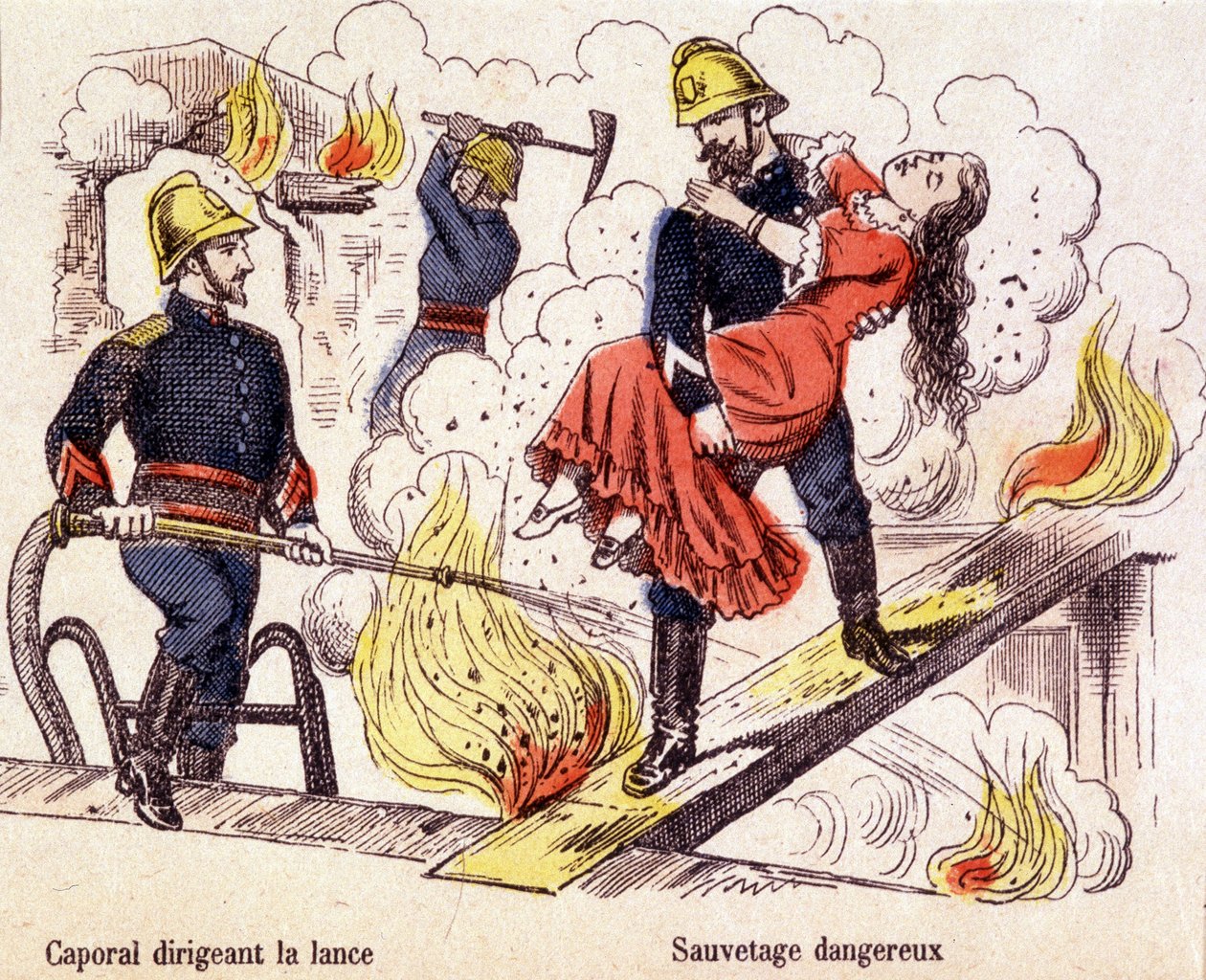 Brannmann redder en ung kvinne fra flammene til en brann. av Unknown artist