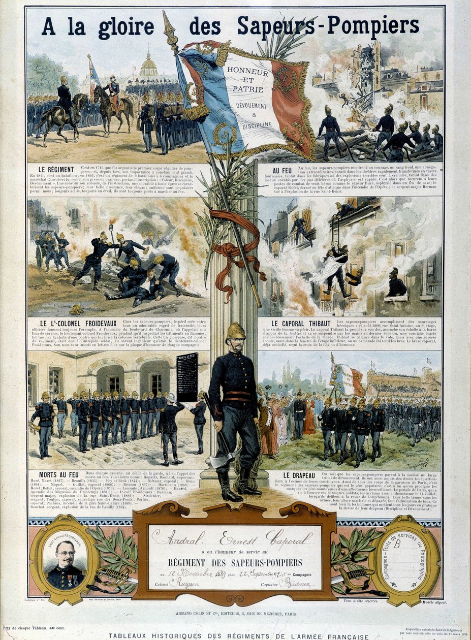 Brannmenn: Til ære for Sapeurs - i "" Historiske malerier av regimentene til den franske hæren"" ca 1890 av Unknown artist