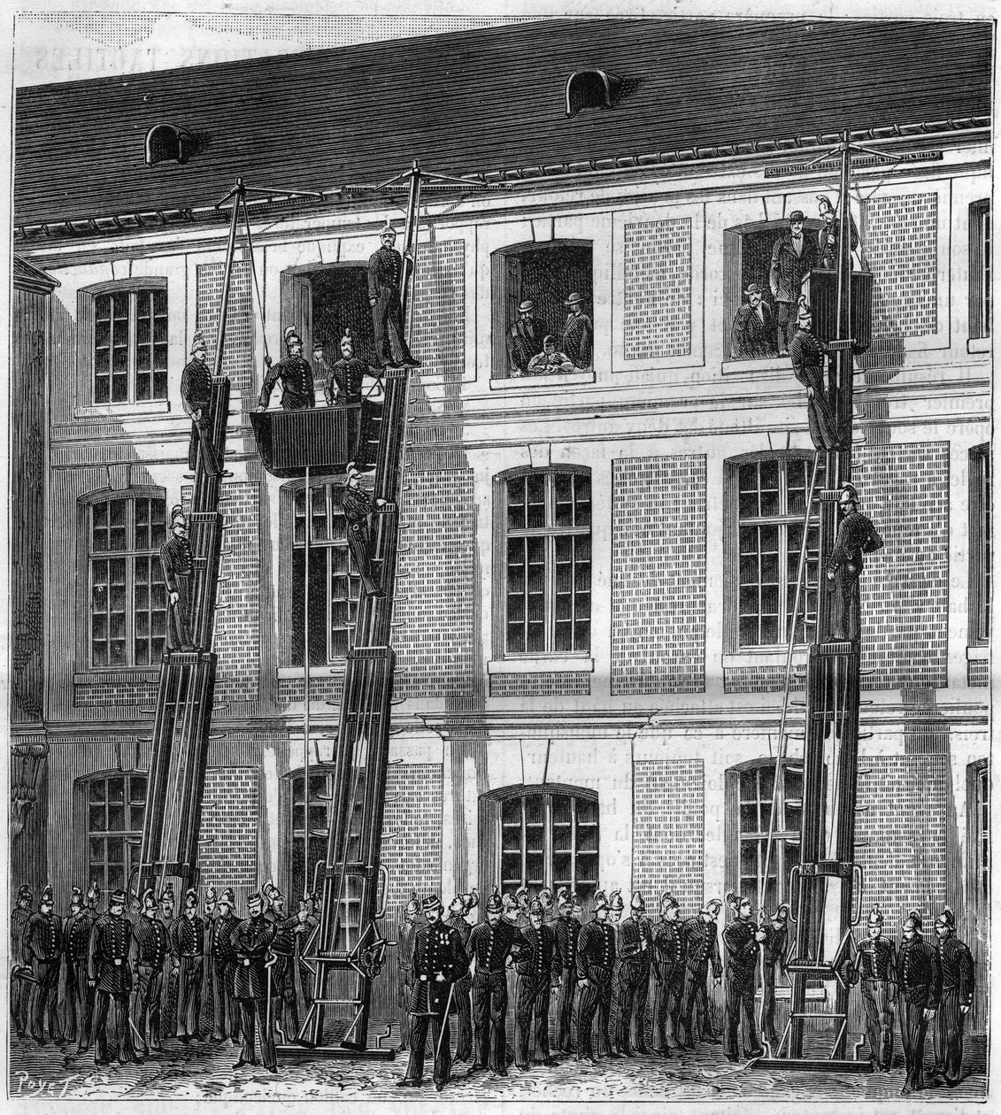 Brannmenn ombord i den nye redningsheisen for branneksperimenter i Rouen i den gamle Normalskolen. Gravering i "" La Nature"" av Unknown artist