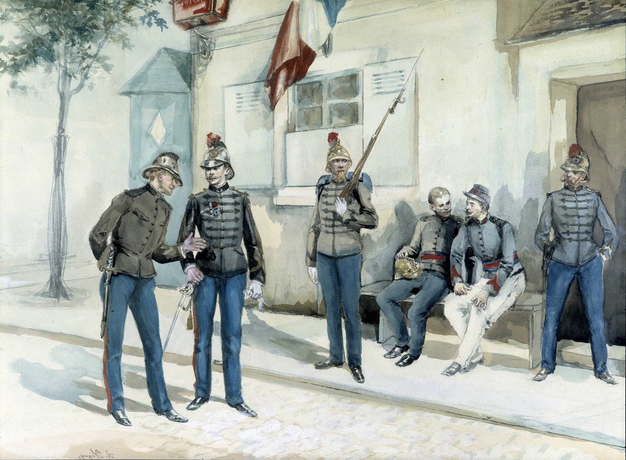 Brannmenn foran brakkene deres i 1870 av Unknown artist
