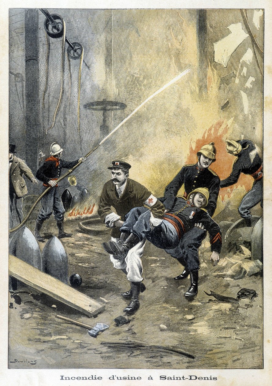 Brannmenn grep inn under en brann ved Usine i Saint Denis. Illustrasjon av "Petity Journal" fra 1899. av Unknown artist
