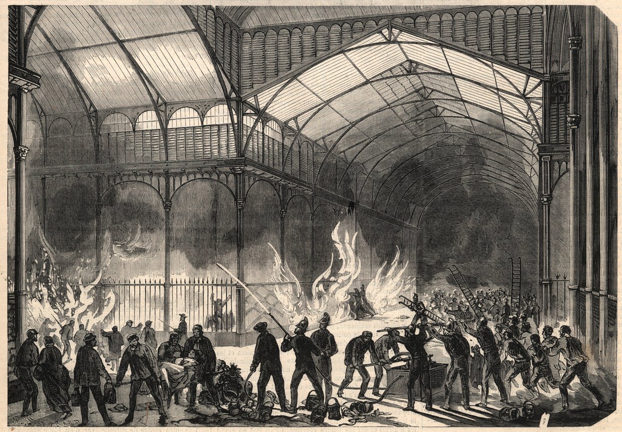 Brannmenn prøver å stoppe brannen i Central Halles i Paris, 10. juli av Unknown artist