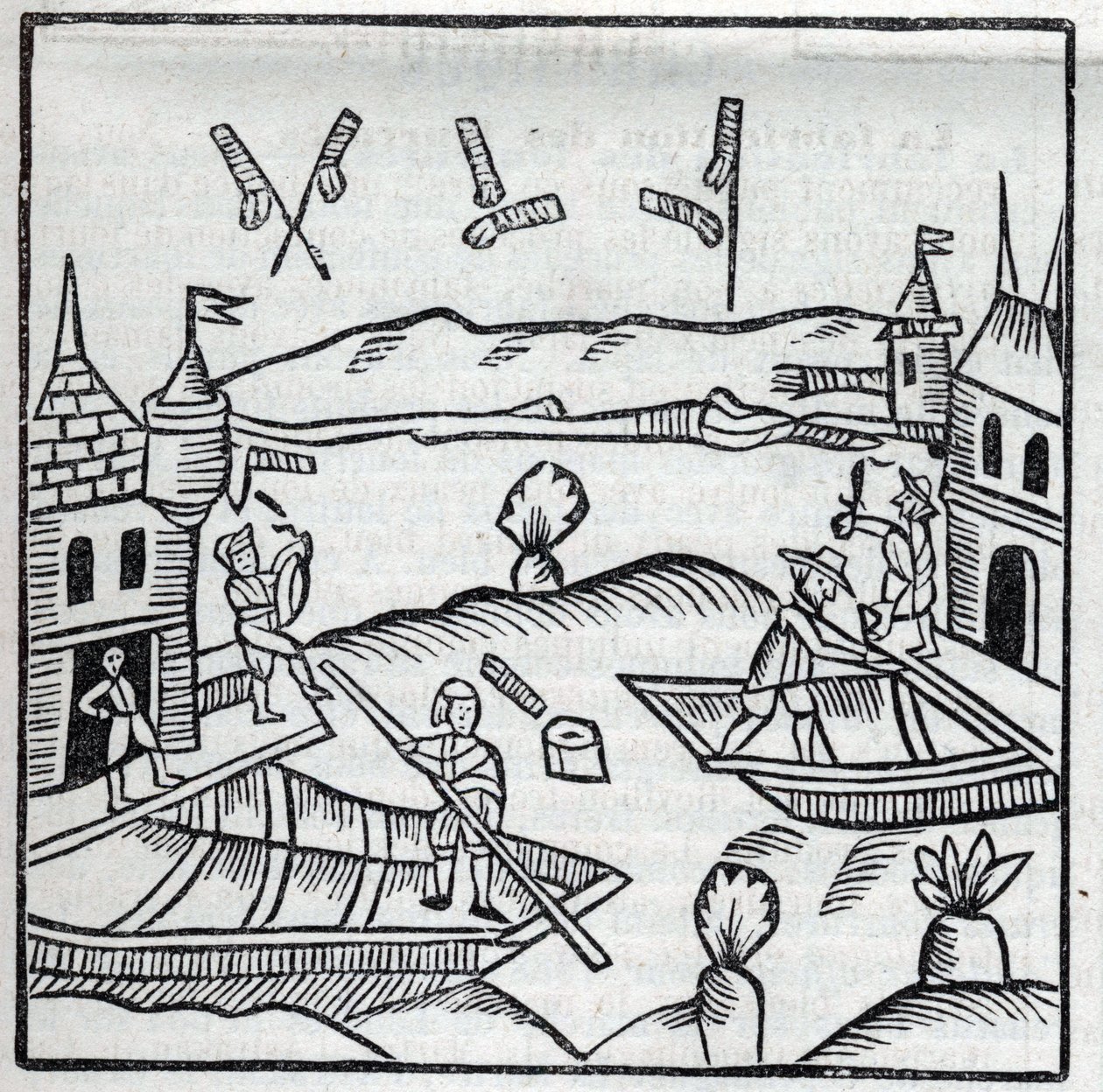 Fireworks and fireworks: Fireworks on water. Reproduction of the engravings of the work of the French Jesuite Jean Leurechon “La recreation mathematiques, ou Interview facetieux sur plusieurs plaisants problemes, en fait d